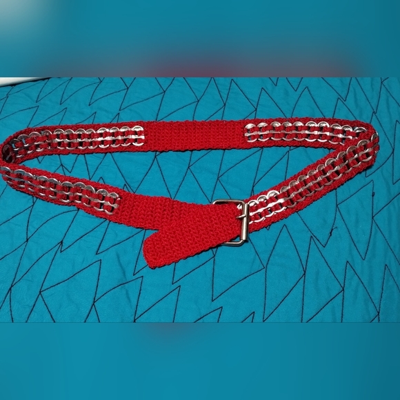 Handmade Upcycled Pull-Tab Soda Belt Red measures approx 40" single layer tabs - Picture 1 of 13